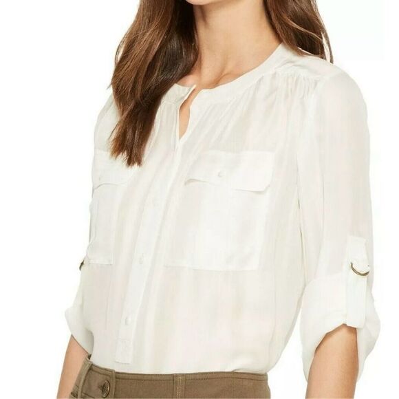 TRINA TURK Top Womens L Jemison Collarless Roll-Tab Sleeve‎ Henley Blouse Ivory - Picture 3 of 11